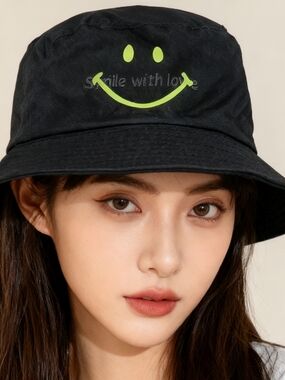 Black Bucket Hat with Neon Green Smile Graphic